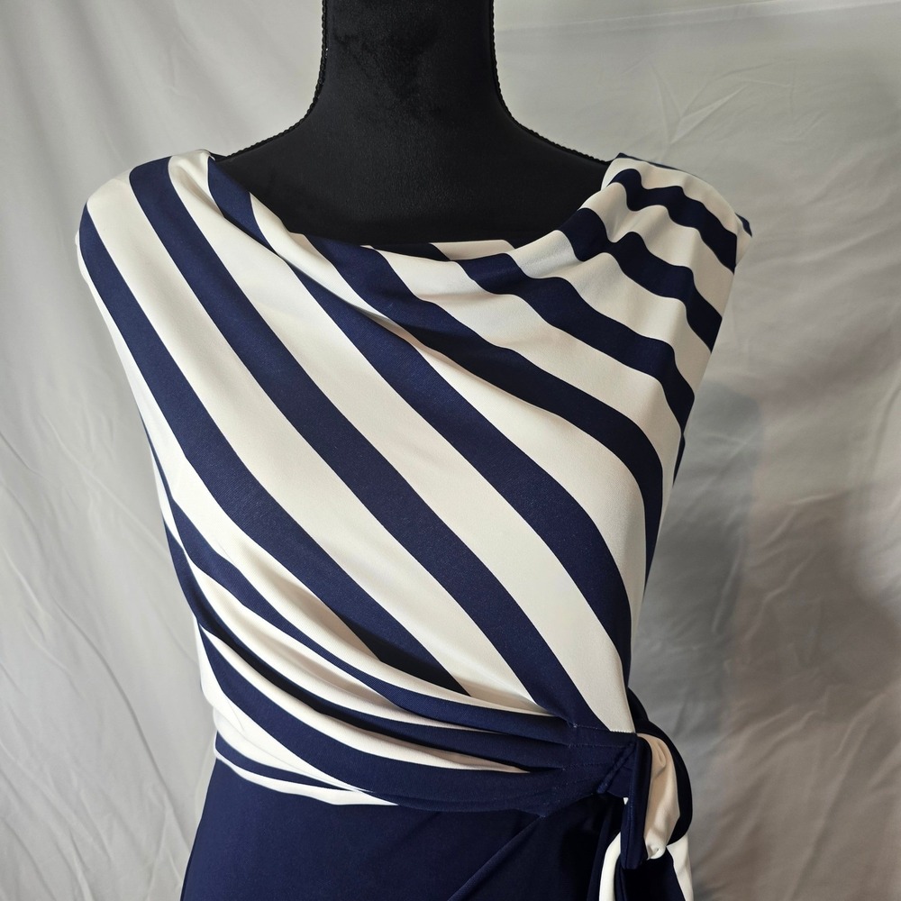 Lauren Ralph Lauren Navy White Striped Faux Wrap Sheath Dress 8P Tie Waist - Picture 3 of 7